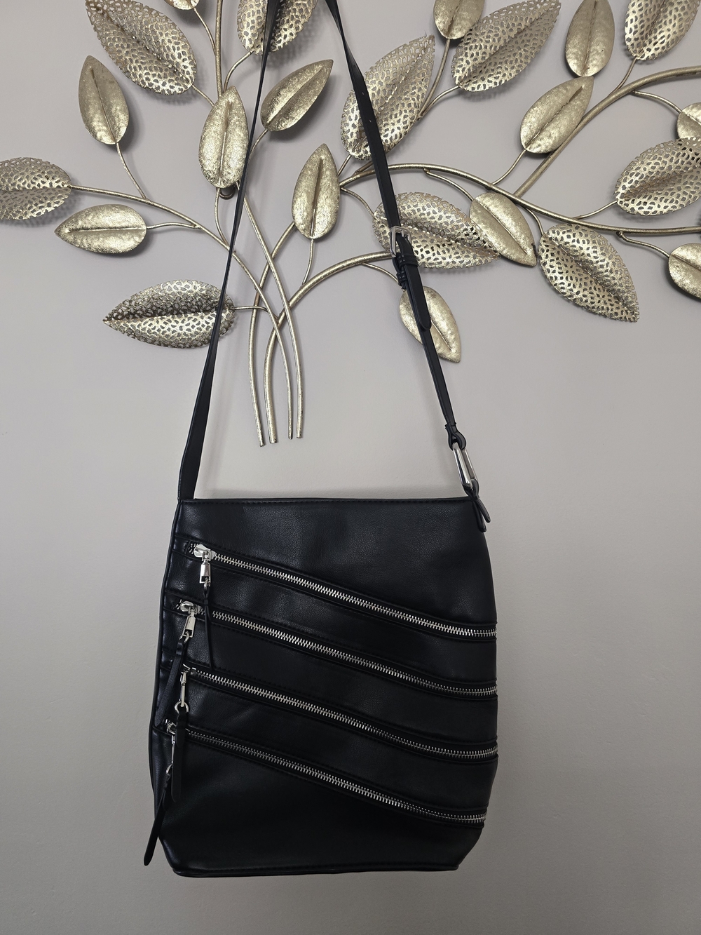 Zara Black Crossbody Bag with Diagonal Zip Accents Vegan